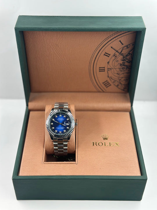Rolex Date Just Blue Dial With silver chain