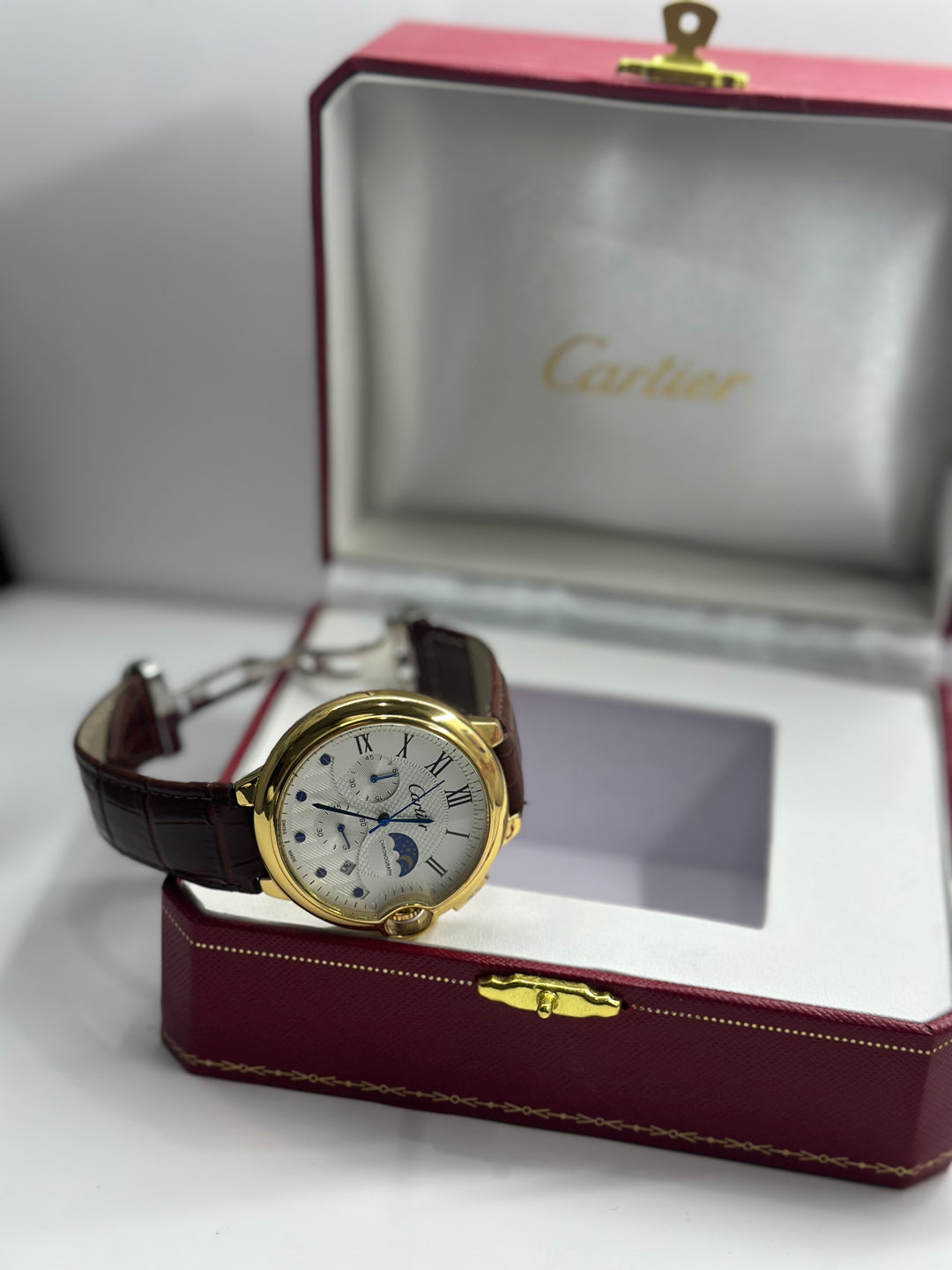 Cartier Moon Phase Chronograph. White Dial (Brown Strap)