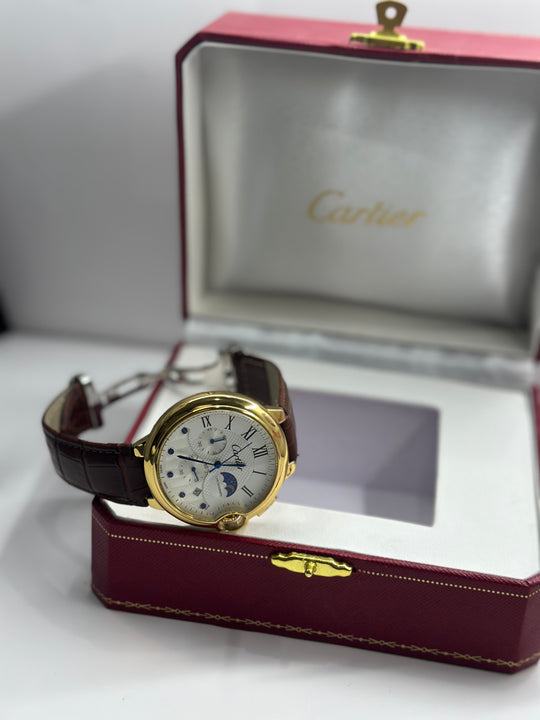 Cartier Moon Phase Chronograph. White Dial (Brown Strap)
