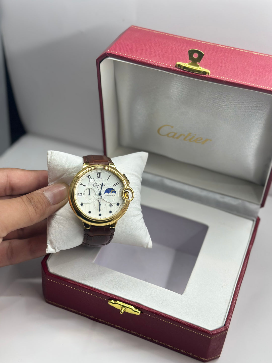 Cartier Moon Phase Chronograph. White Dial (Brown Strap)
