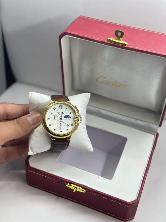 Cartier Moon Phase Chronograph. White Dial (Brown Strap)