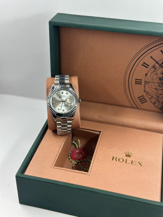 Rolex Date Just Silver Dial with silver chain