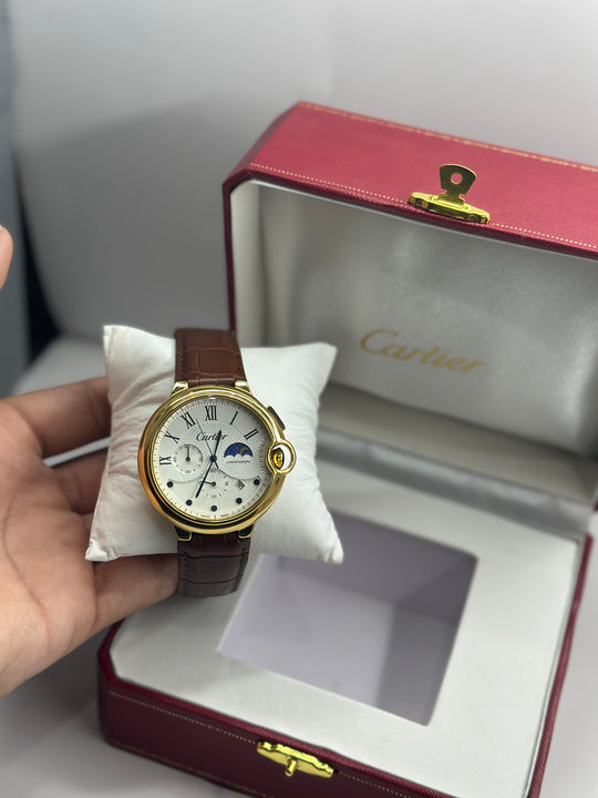 Cartier Moon Phase Chronograph. White Dial (Brown Strap)