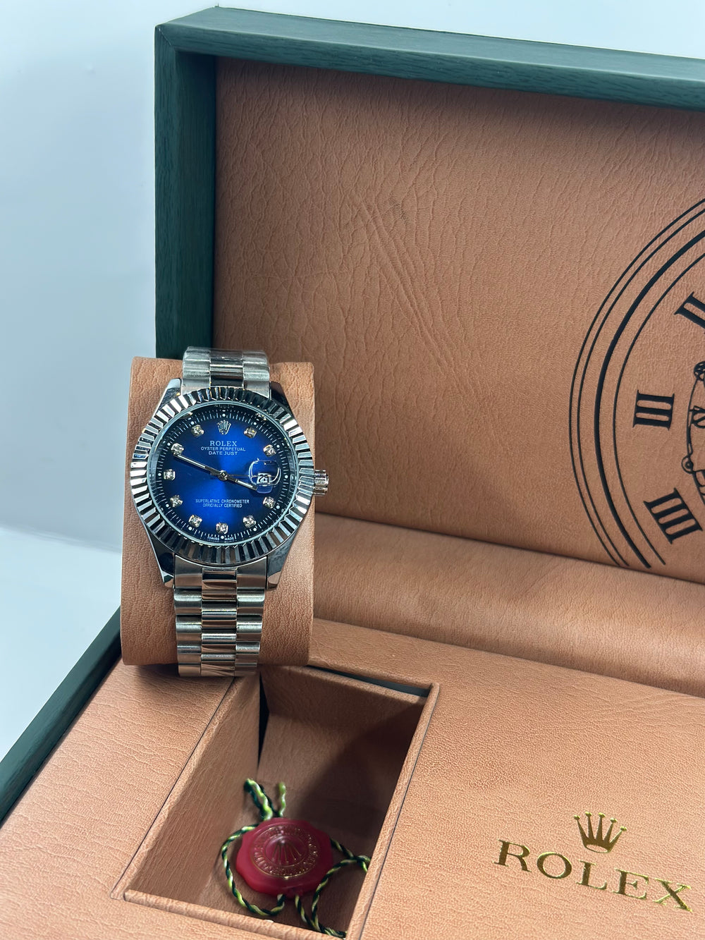 Rolex Date Just Blue Dial With silver chain