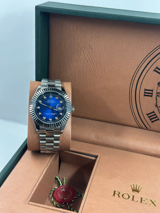 Rolex Date Just Blue Dial With silver chain