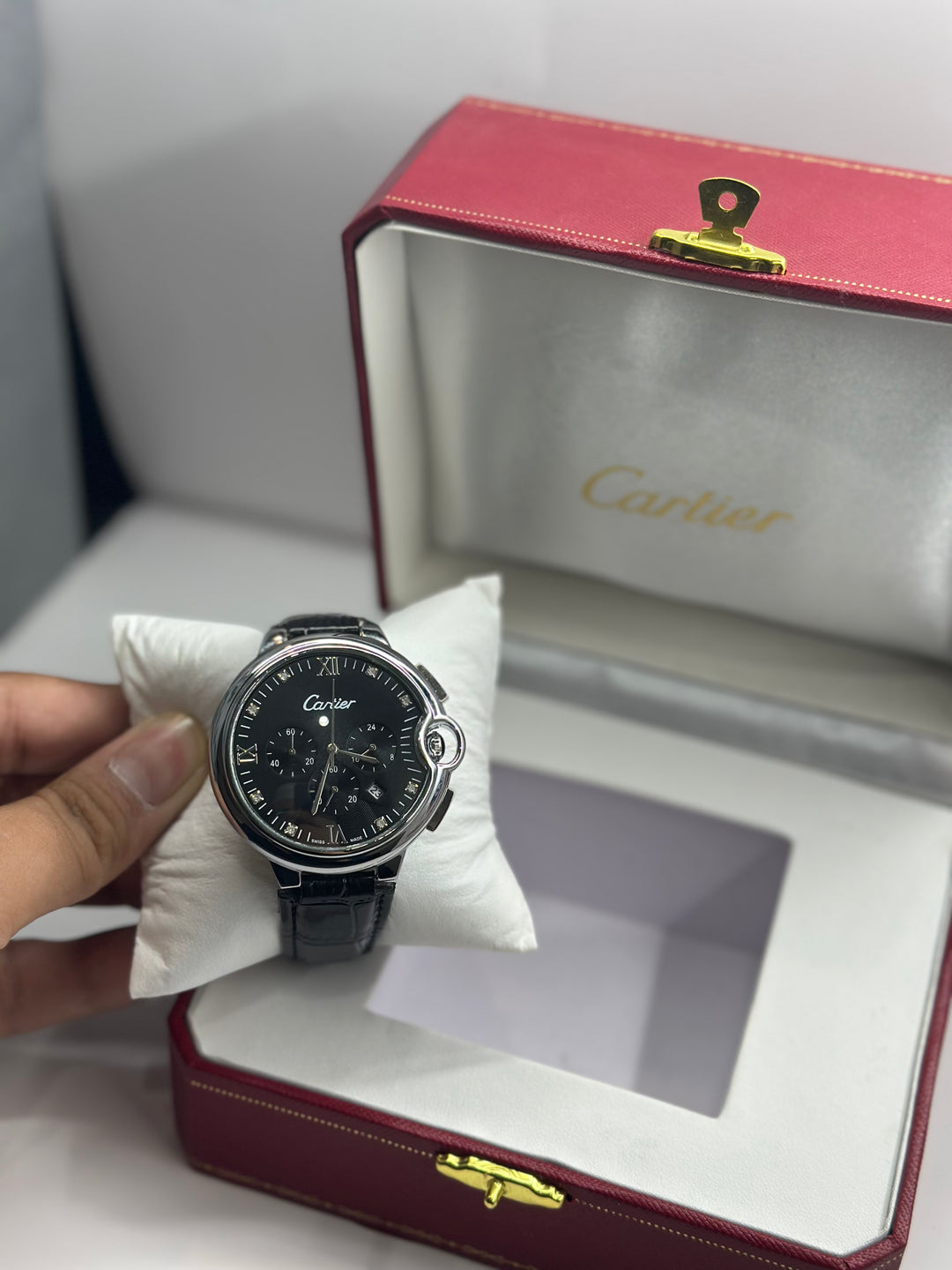 Cartier Moon Phase Chronograph. Black Dial (Black Strap)