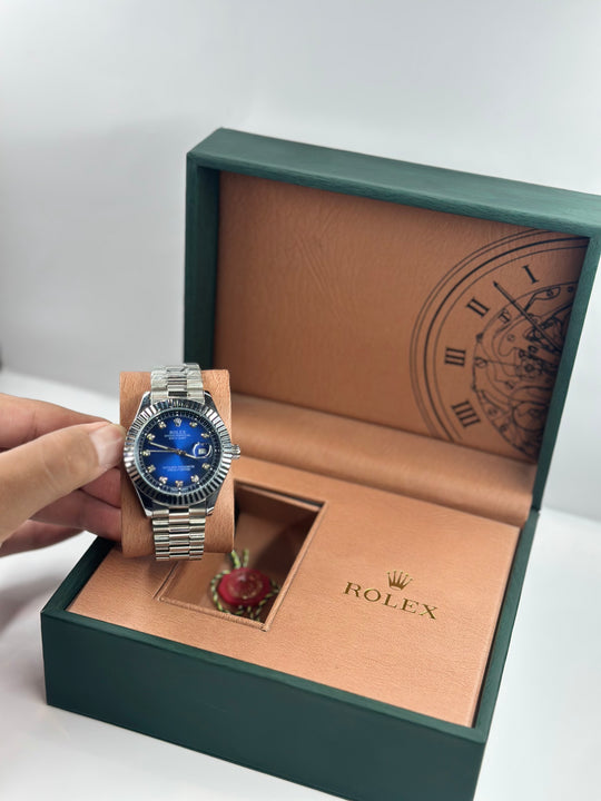 Rolex Date Just Blue Dial With silver chain