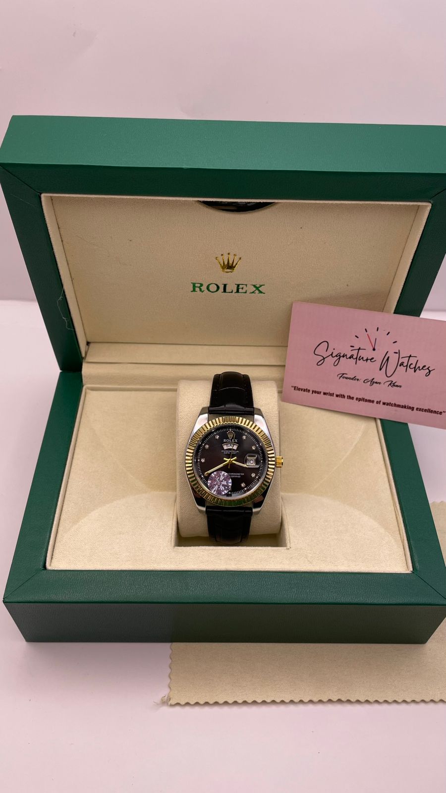 Day-Date 36 Style – Gold Fluted Bezel | Black Diamond Dial | Leather Strap